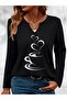 Coffee Printed Cotton Half V-Neck Long Sleeve Blouse T-Shirt