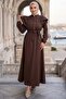 Pearl Button Detailed Ruffle Hijab Dress Bitter Coffee Hnt0317