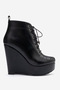 Women's Black Leather Lace-Up 12 cm Wedge Heeled Platform Boots Lad - 3
