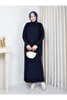 Pleated Sleeves Buttoned Knitwear Dress Navy Blue