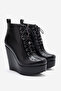Women's Black Leather Lace-Up 12 cm Wedge Heeled Platform Boots Lad - 5