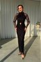 Women's Black Glittery Fabric Waist Buckle Detail Sleeves Tulle Long Sleeve Maxi Length Evening Dress