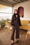 Brown Waist Ruffled Elastic Double Buttoned Jacket and Trousers Set - 3