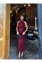 Women's Burgundy Halter Neck Glittery Patterned Long Dress - 4