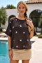 Italian Brown Pool Collar Short Sleeve Sequined Casual 100% Linen Woven Blouse 63 64 - 7