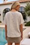 Italian Beige Pool Collar Short Sleeve Sequined Casual 100% Linen Woven Blouse 63 64 - 8