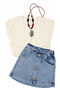 Girl's Ecru Tulle Floral Embossed Denim Skirt and Necklace Set - 2