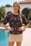 Italian Brown Pool Collar Short Sleeve Sequined Casual 100% Linen Woven Blouse 63 64 - 5