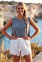 Italian White Lined Tassel Tied Elastic Waist Casual Scalloped Woven Blouse 36 55 - 3