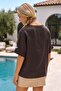 Italian Brown Pool Collar Short Sleeve Sequined Casual 100% Linen Woven Blouse 63 64 - 8
