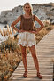 Italian Ecru Lined Tasseled Tie Elastic Waist Casual Ruched Woven Shorts 40 57 - 5