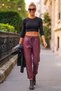 Italian Burgundy Pocketed, Side Striped, Elastic Waist, Narrow Leg, Faux Leather Woven Trousers 95 55 - 7