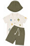 Boy's Beige Khaki Green Star Embroidered Hat and Muslin Shorts 3-Piece Set - 2