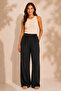 Women's Black Elastic Waist Textured Wide Leg Comfortable Cut Pants with Pockets - 2