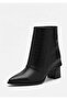 Women's Black Crocodile Patterned Thick Heeled Boots with Folded Detail