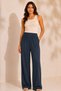Women's Petrol Blue Elastic Waist Pocketed Vertical Textured Wide Leg Relaxed Fit Trousers - 2