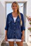 Navy Blue Hooded Long Sleeve Buttoned Pocketed Slim Washed Hem Tie Casual Woven Jacket 74 55 - 6