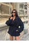 Women's Double Buttoned Oversized Short Trench Coat with Tie Detail - 5