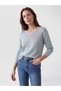 Ozmarka New Season Blue V-Neck Shiny Textured Women's Knitwear Sweater