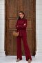 Women's Red Half Turtleneck Stylish Stripe Detailed Sweater Pants Bottom Top Two-Piece Knitwear Set