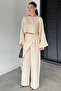 Beige Women's Elastic Waist Stone Embroidered Trousers with Scarf Accessory