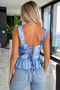 Blue Floral Patterned Back Drawstring Corset Blouse - 3