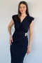 Dark Navy Blue Women's Double Breasted Collar Dress with Brooch Detail