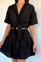 Black Women's Elastic Waist Skirt with Shorts Inside and Tie-Front Shirt Two-Piece Set - 3