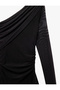 Asymmetrical Cut Drape Detailed Voluminous Long Sleeve One Shoulder Tulle Dress - 7