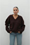 Women's Brown Cotton Soft Texture V-Neck Oversize Knitwear Sweater - 3