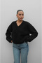 Women's Black Cotton Soft Texture V-Neck Oversize Knitwear Sweater - 2