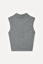 Women's Gray Melange Polo Collar Sleeveless Crop Sweater - 2