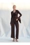 Women's Coffee Color V-Neck Front Gathered Flounce Sleeve Long Sleeve Slim Fit Blouse - 6