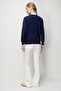 Women's Crew Neck Sweater with Diamond Embroidery on the Front, Navy Blue - 4