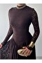 Women's Coffee Color Lace Midi Dress High Neck Long Sleeve Gathered Flared Cut - 3