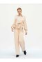 Women's Beige Satin Textured Belted High Waist Straight Leg Long Trousers - 2