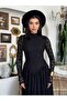 Women's Black Lace Midi Dress High Neck Long Sleeve Gathered Flared Cut - 7