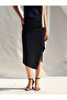 Women's Navy Blue Midi Skirt with Lace Detail, Draped Asymmetrical Cut and Slit - 7
