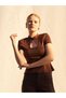 Women's Coffee Color Short Sleeve High Collar Chinese Closure Chest Cutout Knitted Blouse - 6