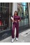Women's Burgundy Lace Detailed Top and Bottom Set with Elastic Waist - 3