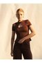 Women's Coffee Color Short Sleeve High Collar Chinese Closure Chest Cutout Knitted Blouse - 7