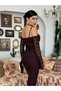 Women's Coffee Lace Midi Dress Strappy Off Shoulder Long Sleeve Draped - 7