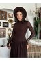 Women's Coffee Color Lace Midi Dress High Neck Long Sleeve Gathered Flared Cut - 7