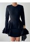 Women's Black Flounce Mini Dress Crew Neck Long Sleeve Peplum Cut - 2