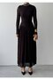 Women's Coffee Color Lace Midi Dress High Neck Long Sleeve Gathered Flared Cut - 2