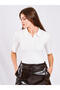 Women's Ecru Polo Collar Padded Short Sleeve Buttoned Regular Fit Blouse - 8