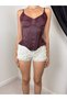 Women's Mürdüm Strappy Corset Blouse with Lace Detail, Heart Collar, Satin Look - 3