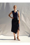 Women's Navy Blue Midi Skirt with Lace Detail, Draped Asymmetrical Cut and Slit - 3