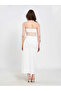 Women's Ecru Midi Skirt High Waist Slit Lace Detailed Plain Woven