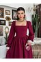 Women's Burgundy Midi Dress Square Neck Gathered Waist Lace Detailed Long Balloon Sleeves - 5